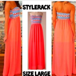 Stylerack Coral Aztec Print Maxi Dress Size Large EUC